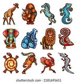 A set of African animals. Bright, stylized ornamental in the African tradition. Isolated on a white background