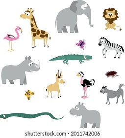 set of african animals in cartoon 2d style. vector