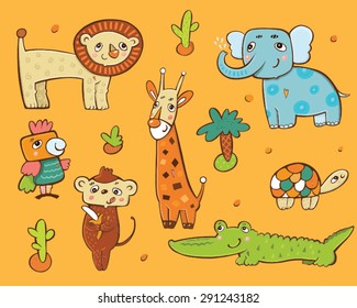 Set of African animals: elephant, crocodile, parrot, giraffe, lion, turtle, monkey