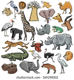 set of African animals with elephant, crocodile, lion, rhinoceros, giraffe