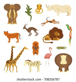 Set of African animals: elephant, crocodile, cobra, rhinoceros, tiger, gazelle, monkey, lion, parrot, lizard, hypo, flamingo, zebra, giraffe isolated on  white background. Vector illustration