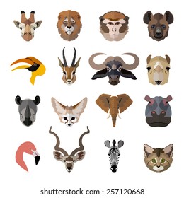 Set of african animals faces isolated icons. Flat style design. Vector illustration.