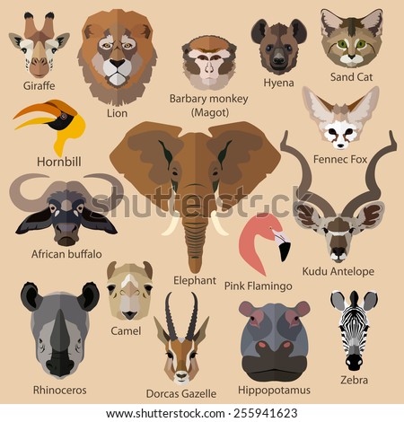Set of african animals faces isolated icons. Flat style design. Vector illustration.