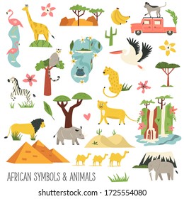 Set of African animals and famous natural landmarks. Big vector bundle of wild characters
