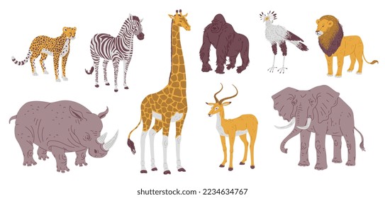 Set of African animals flat style, vector illustration isolated on white background. Design elements collection for print or web, elephant, rhinoceros and giraffe