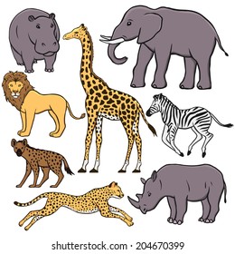 Set of African animals: hippopotamus, elephant, lion, giraffe, zebra, hyena, cheetah, rhino