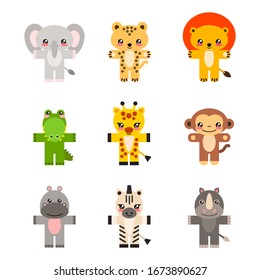 Set of african animals. Illustration of cute little animals (a giraffe, a lion, a cheetah, a hippo, a rhino, an elephant, a crocodile, a zebra and a monkey) isolated on white. Vector 8  EPS