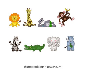 Set African animals (lion, giraffe, hippo, monkey, zebra, crocodile, elephant, rhino). Vector illustration.