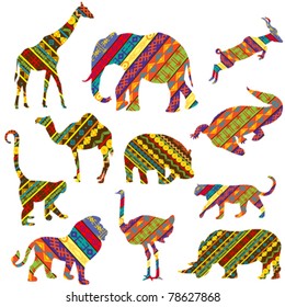 Set of African animals made of ethnic textures