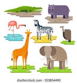 Set of African animals on the pieces of land vector flat design. Giraffe, elephant, Nile crocodile, hippopotamus, zebra, flamingos, African white-backed vulture. Animals to infographic design.