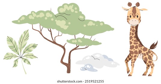 Set of African animals and plants on white background. Illustration of giraffe, acacia in flat cartoon style. Safari collection. Vector clipart for clothes, fabric, greeting cards, stickers, etc.