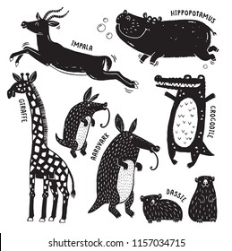 A set of African animals printed in a rough stamped style like a woodcut print - Giraffe, Hippo, Crocodile, Aardvark, Dassie and Impala. Vector ilustration. 