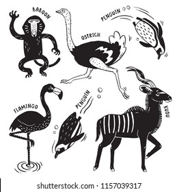 A set of African animals printed in a rough stamped style like a woodcut print - Baboon, Ostrich, Penguins, Flamingo and Kudu. Vector illustration. 