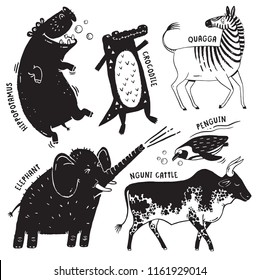 A set of African animals printed in a rough stamped style like a woodcut print - Hippo, Elephant, Crocodile, Quagga, Penguin and Nguni Bull. Vector illustration. 