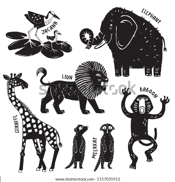 キリン ゾウ ジャカナ ライオン ヒバブーン ミーアカットなど アフリカの動物のセットが木版画のように荒削りで印刷されている ベクターイラスト のベクター画像素材 ロイヤリティフリー