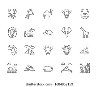 Set of african animals Related Vector Line Icons. Includes such Icons as elephant, giraffe, continent, Hippo, camel and more.