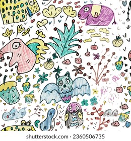 Set with African animals and Safari seamless pattern . elephants, lions birds and tropical plants. Can be used for t-shirt print, kids wear fashion design, baby shower invitation card.

