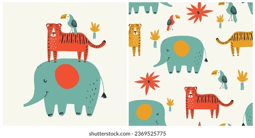 Set with African animals and Safari seamless pattern . elephants, Tigers Parrots and tropical plants. Can be used for t-shirt print, kids wear fashion design, baby shower invitation card.