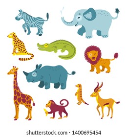 Set of African animals. Savannah zoo clipart isolated on white background. Illustrations for children's books, t-shirts, wallpapers, textiles, posters, cards, logos, web. Vector