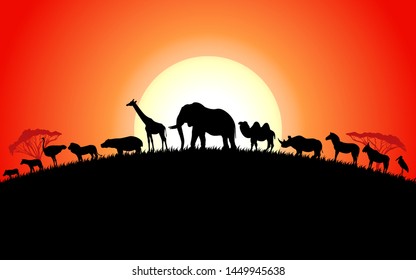 Set of african animals silhouette on sunset background. Vector illustration collection of animals africa side view.