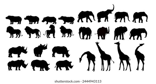 Conjunto de siluetas de animales africanos, elefante, hipopótamo, jirafa, rinoceronte, león, diferentes poses