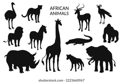 Set of African animals silhouettes, flat vector illustration isolated on white background. Collection of black and white icons of exotic animals. Elephant, giraffe, zebra and lion.