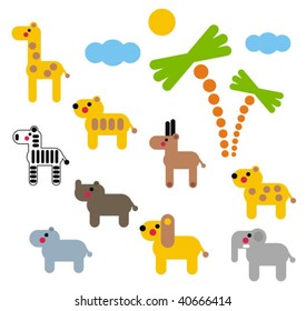 Set of african animals in simple flat stile. Wild mammals and nature clip art. Vector funny illustration.