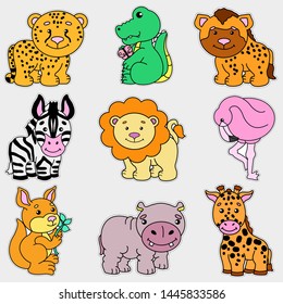 Set of african animals stickers. Safari set. Сheetah, crocodile, hyena, flamingo, hippopotamus, lion, giraffe, zebra, kangaroo