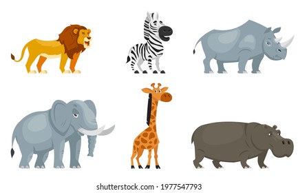 Set of african animals three quarter view. Wildlife inhabitants in cartoon style.