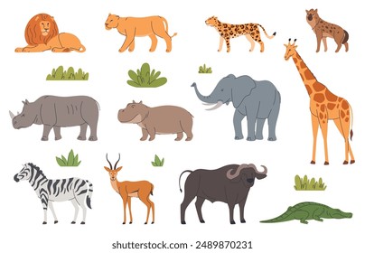 Set of African animals in zoo enclosures. Savanna fauna, predators and herbivores. Exotic animals. Vector illustration