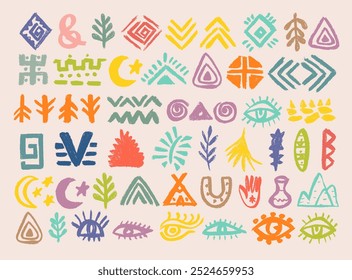 Set with african, aztec pattern colorful elements, symbols, icons, hand-drawn in doodle style. Set of abstract african tribal geometric shapes, ancient ethnic traditional symbols and ornate signs.