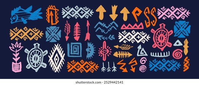 Set with african, aztec pattern colorful elements, symbols, icons, hand-drawn in doodle style. Set of abstract african tribal geometric shapes, ancient ethnic traditional symbols and ornate signs.