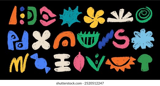 Set with african, aztec pattern elements, symbols, icons, hand-drawn in doodle style. Set of abstract african tribal geometric shapes, ancient ethnic traditional symbols and ornate signs.