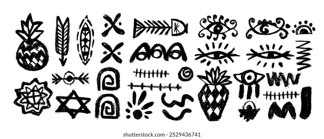 Set with african, aztec pattern  elements, symbols, icons, hand-drawn in doodle style. Set of abstract african tribal geometric shapes, ancient ethnic traditional symbols and ornate signs.