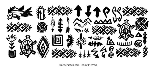 Set with african, aztec pattern  elements, symbols, icons, hand-drawn in doodle style. Set of abstract african tribal geometric shapes, ancient ethnic traditional symbols and ornate signs.