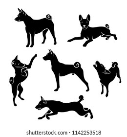 Set of African Basenji dog silhouettes - isolated vector illustration