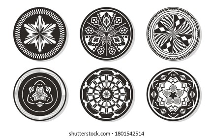 
Set of African baskets. Ethnic geometric round ornament pattern. Collection of mandalas in tribal style. Design baskets from Botswana.