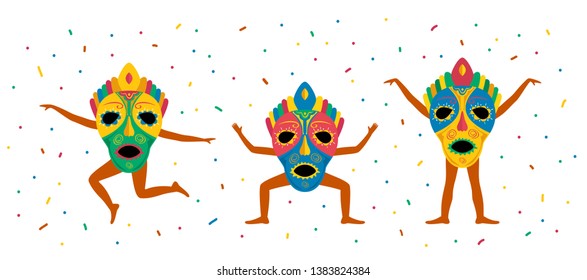 Set of african carnival mask. Men with masks on white background with colorful confetti, illustration.