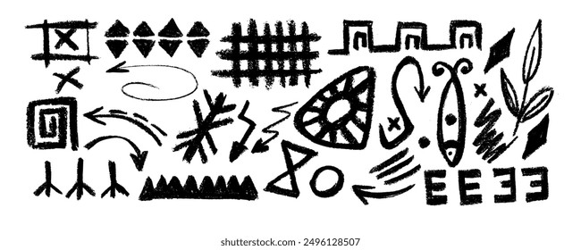 Set with  African chalk signs and symbols.Traditional hand drawn tribal background with doodle decoration. Ethnic culture fashion print, textile, wrapping paper backdrop.