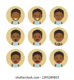 Set of African child facial expressions. Collection of Afro American baby emoticons. Cute black skin toddler smiley. EPS10 vector isolated illustration.