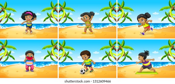 Set of african children exercise at beach illustration