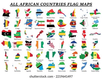 Set of African countries National Flag Maps, all 54 africa flag Maps collection Puzzle Pieces.