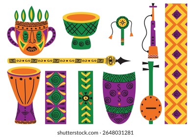 Set of African cultural elements. Vector of tambourine, pipe, drum, mask, spear, shield