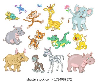 Set of african cute animal babies - giraffe, zebra, crocodile, lion, elephant, hippo, monkey, tiger; rhinoceros, gorilla, turtle and frog. In cartoon style. Isolated on white. Vector illustration