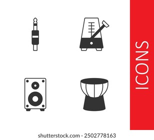 Set African darbuka drum, Audio jack, Stereo speaker and Metronome with pendulum icon. Vector