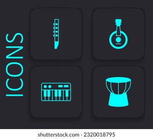 Set African darbuka drum, Flute, Banjo and Music synthesizer icon. Black square button. Vector
