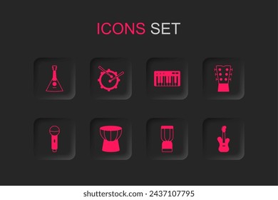 Set African darbuka drum, Drum with sticks, Balalaika, djembe, Guitar neck, Electric bass guitar, Music synthesizer and Microphone icon. Vector