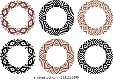 A set of African decorative circle ornament vector illustration. Hand drawn circular ethnic art for bohemian interior design. Tribal pattern for plate, rug or other round printing design. Ring art.