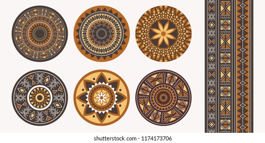 Set of African decorative elements. Round ornament pattern. Collection of mandalas in tribal style.