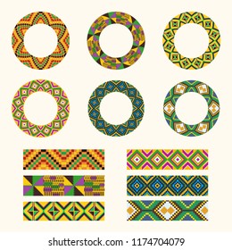 Set of African decorative elements. Round ornament pattern. Collection of frames in tribal style. Kente cloth.